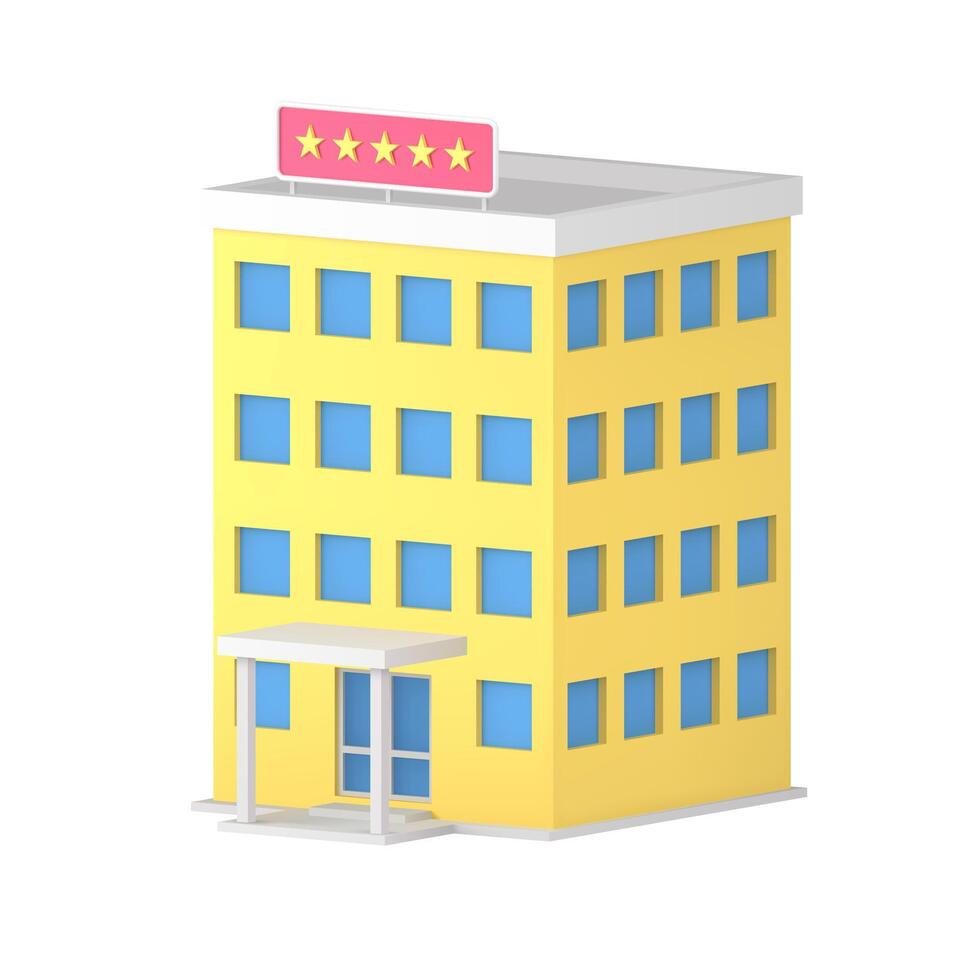 Modern yellow multistory building travel hotel service customers apartment 3d icon realistic vector