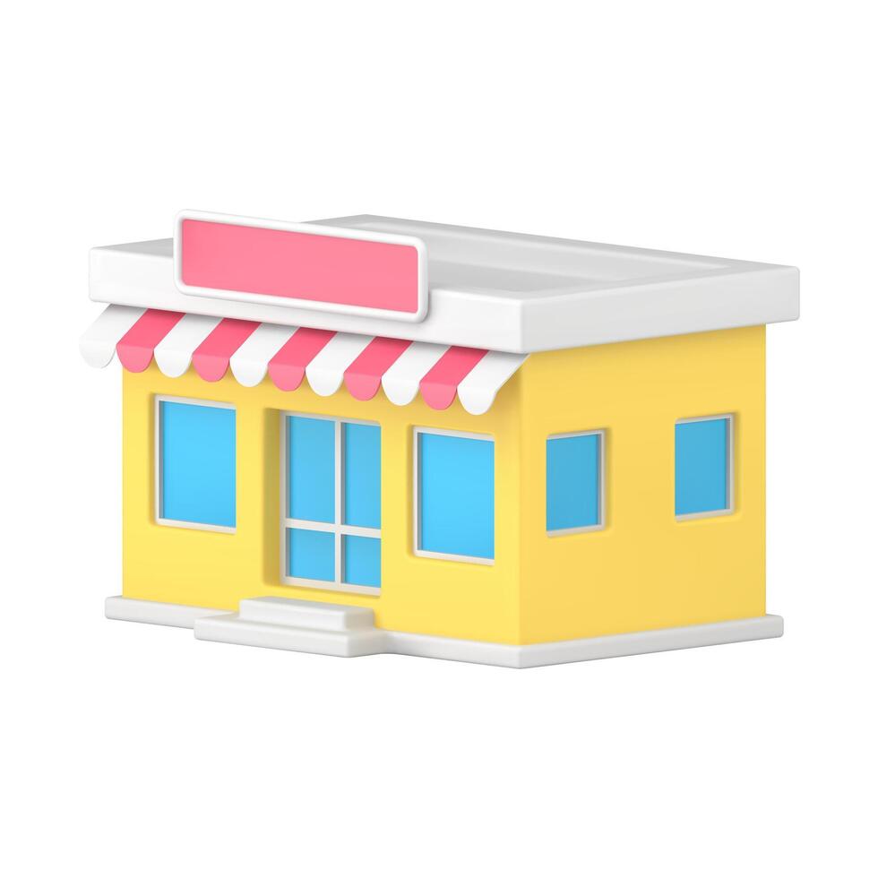 Yellow awning store shop 3d icon realistic illustration urban boutique facade architecture vector