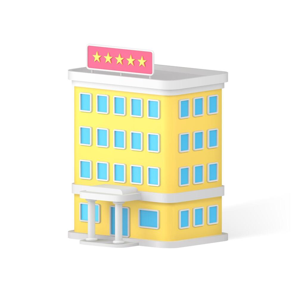 Modern yellow five stars hotel building exterior travel destination apartment 3d icon vector