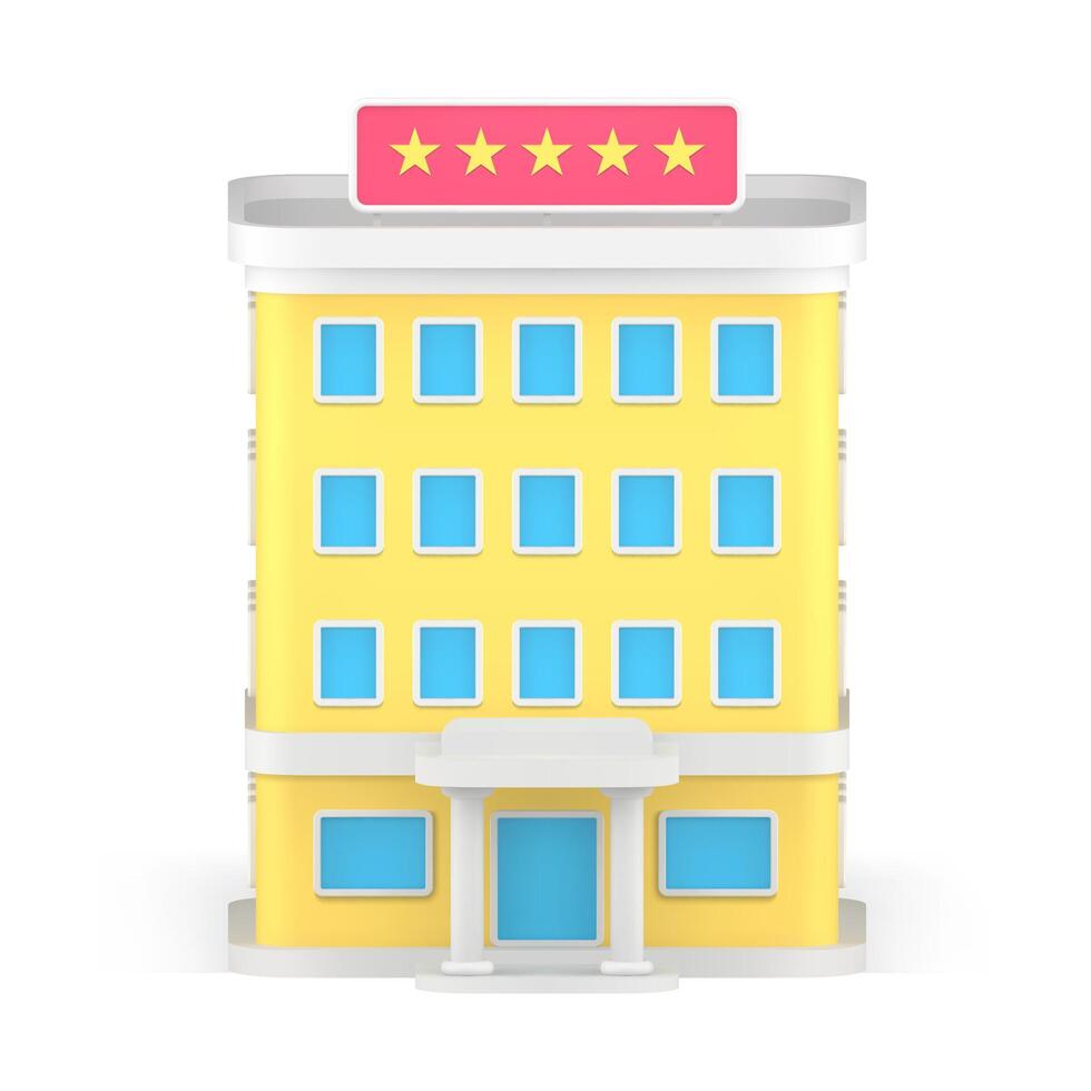 Front view premium hotel multistory building facade with entrance columns and windows 3d icon vector