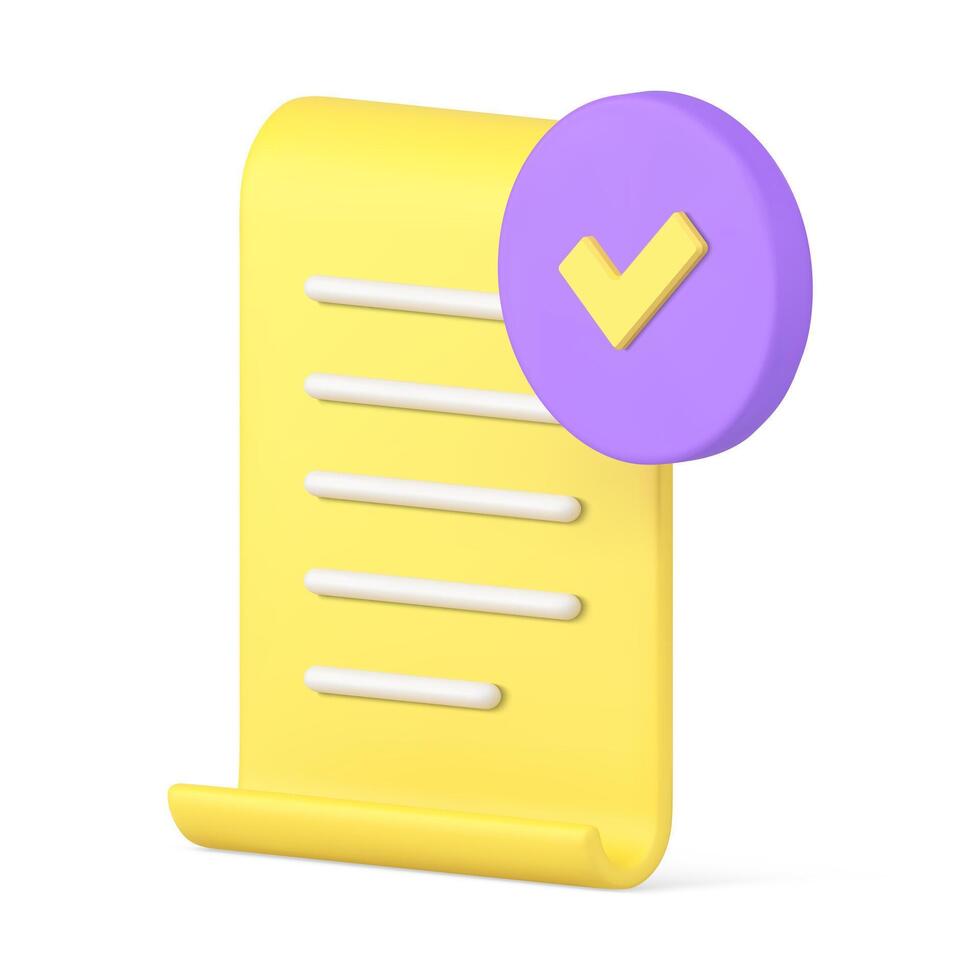 Vertical yellow paper document to do list successful reminder checkmark realistic 3d icon vector