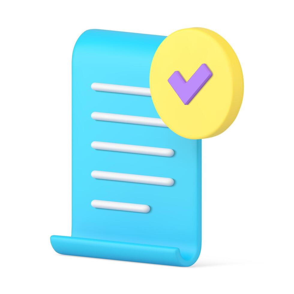 Vertical blue text document form completed daily tasks reminder check mark 3d icon realistic vector