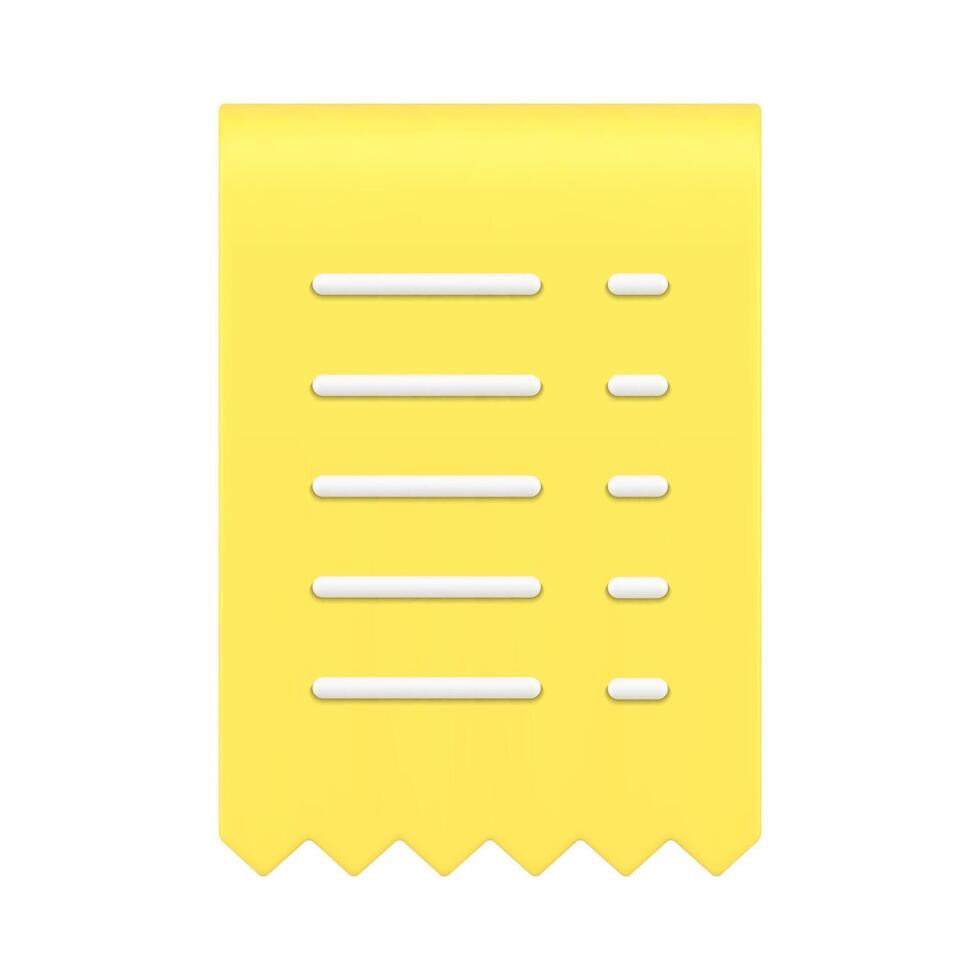 Realistic glossy yellow ragged tax receipt form front view banking data information 3d icon vector
