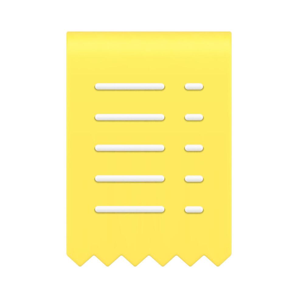 Realistic glossy yellow ragged tax receipt form front view banking data information 3d icon vector