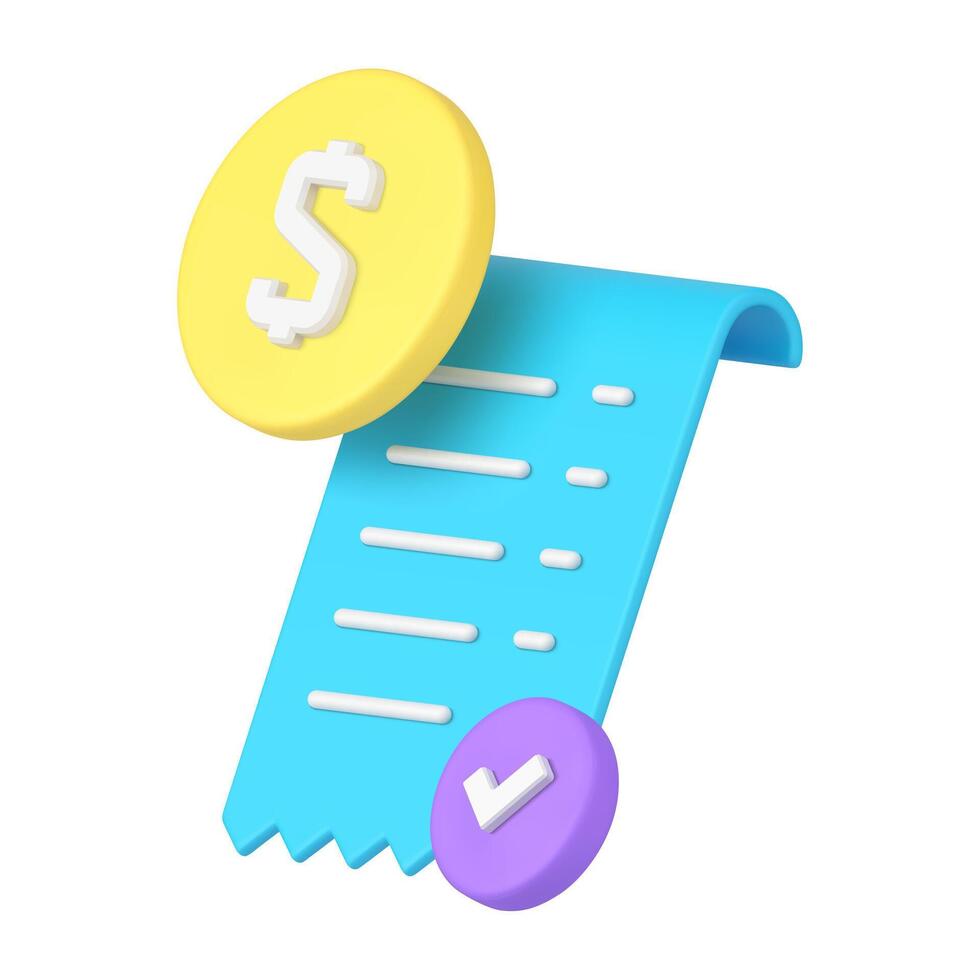 Realistic 3d icon blue diagonal placed curved payment blank financial receipt document vector