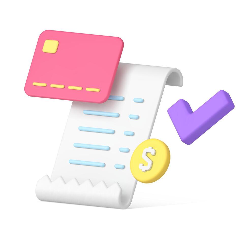 cheque de pago bancario pago papel documento con crédito tarjeta y moneda dinero realista 3d icono vector