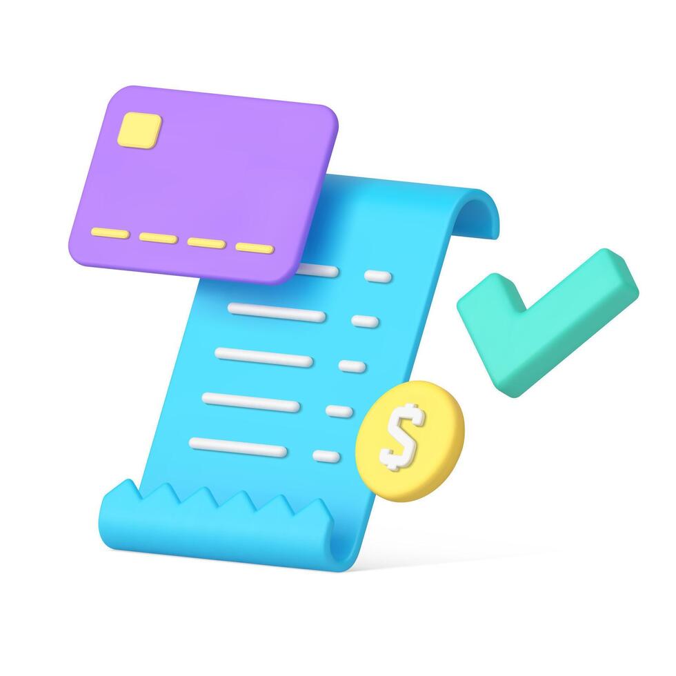 Realistic success banking paid paper document checkmark diagonal placed isometric 3d icon vector