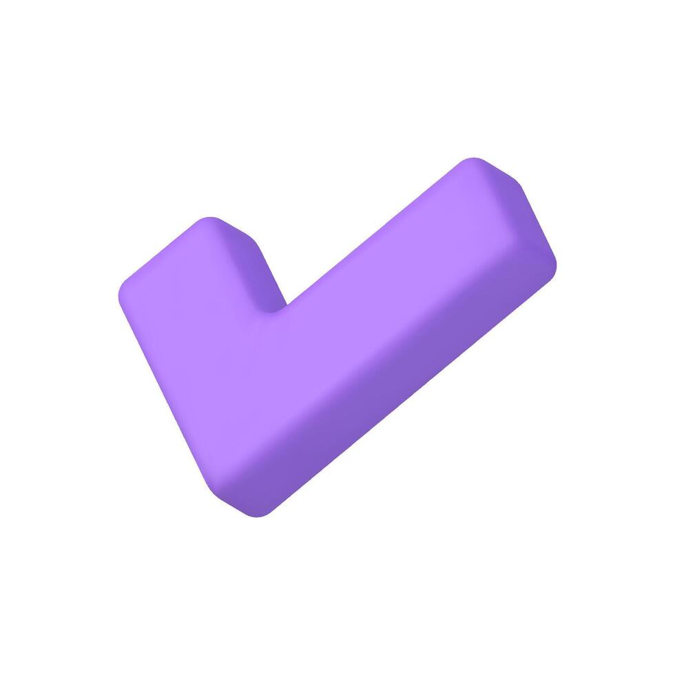 púrpura lustroso marca de verificación hecho completar exitoso votar elección isométrica realista 3d icono vector