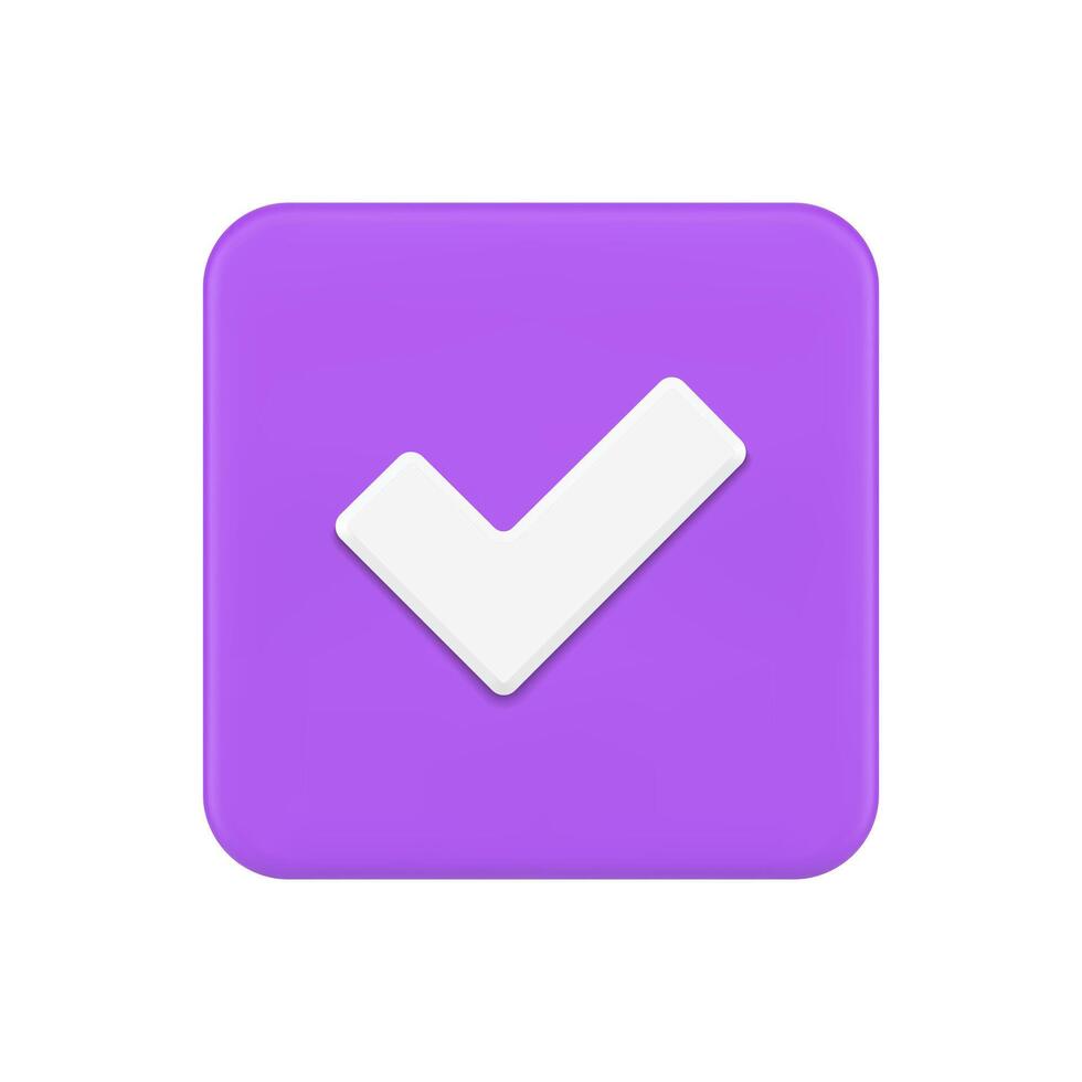 Purple squared checkmark button positive vote choice accept agree realistic 3d icon vector