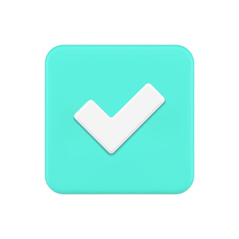 Done checkmark green glossy square button realistic 3d icon illustration decorative design vector