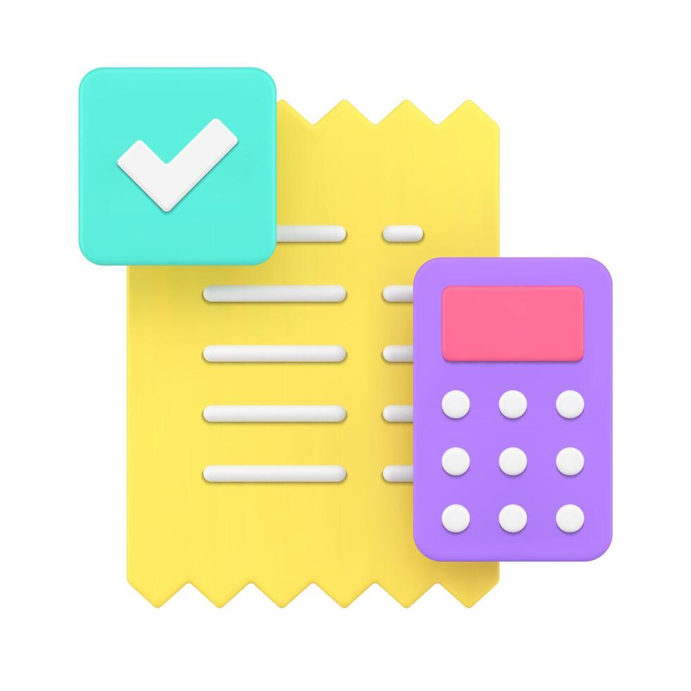 Yellow glossy ragged paper paycheck calculator and successful checkmark realistic 3d icon vector