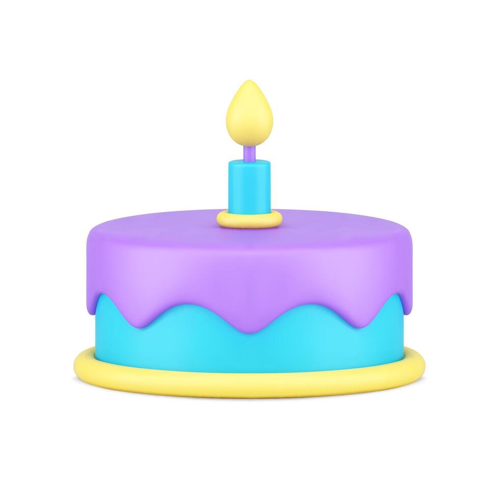 Childish birthday purple glaze icing cake one burning candle 3d icon illustration vector