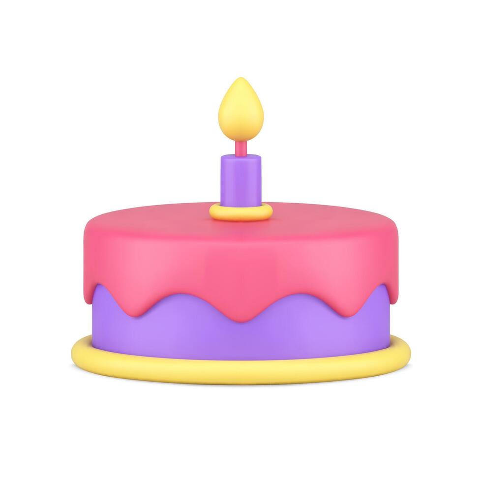Holiday celebrate cake one burning candle melting glaze realistic 3d icon template vector