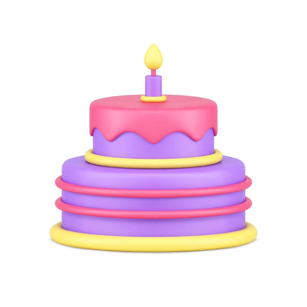 Birthday cake candy melting glaze with one burning candle anniversary celebration 3d icon vector