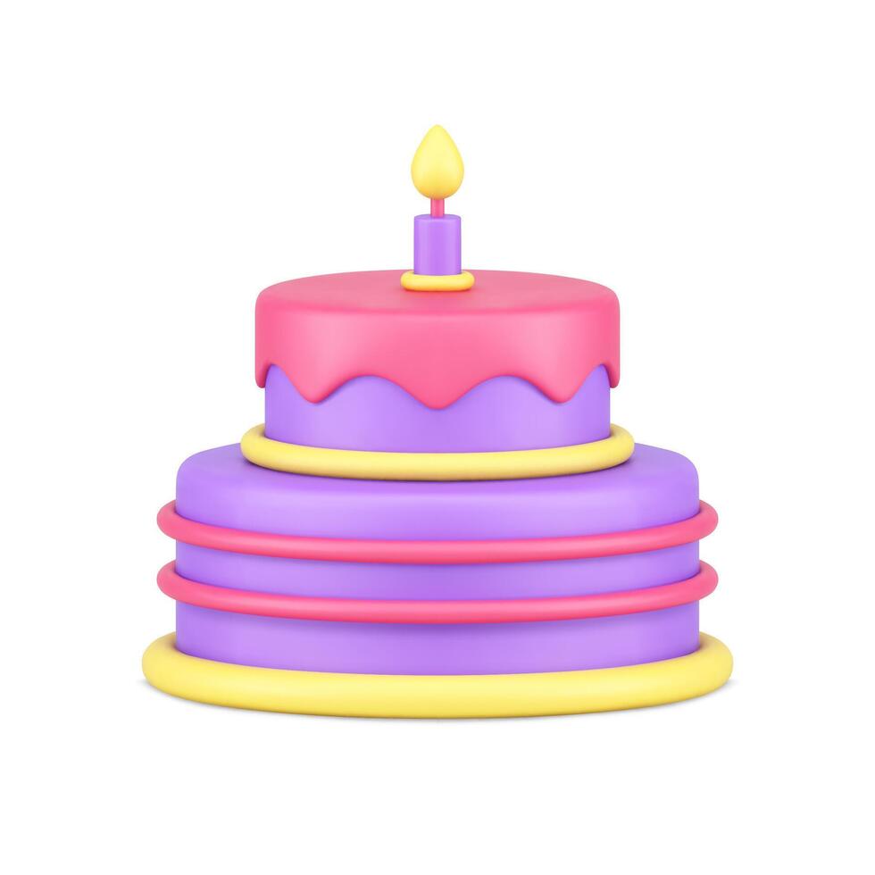 Birthday cake candy melting glaze with one burning candle anniversary celebration 3d icon vector