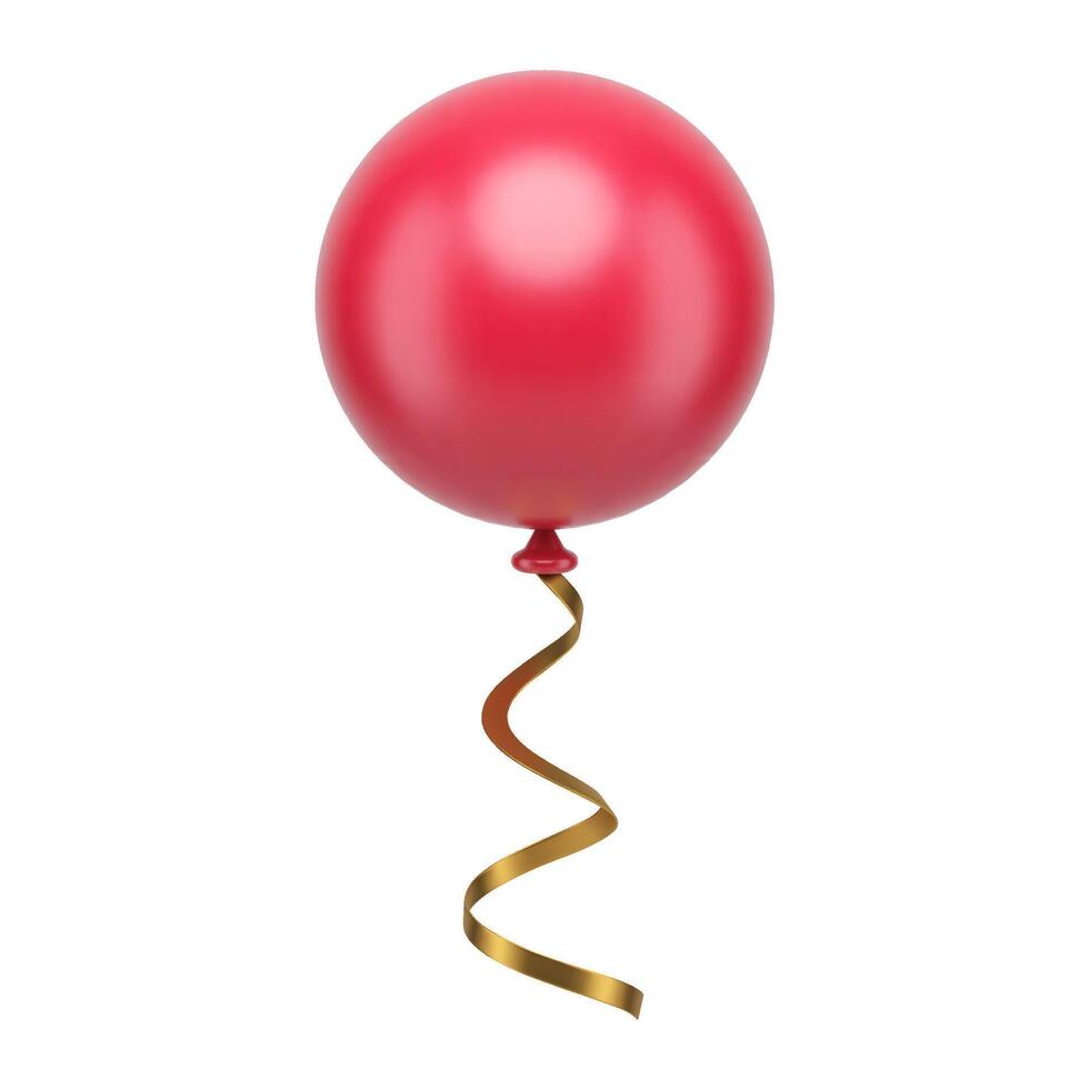 Red sphere round flying balloon with golden ribbon realistic 3d icon illustration vector