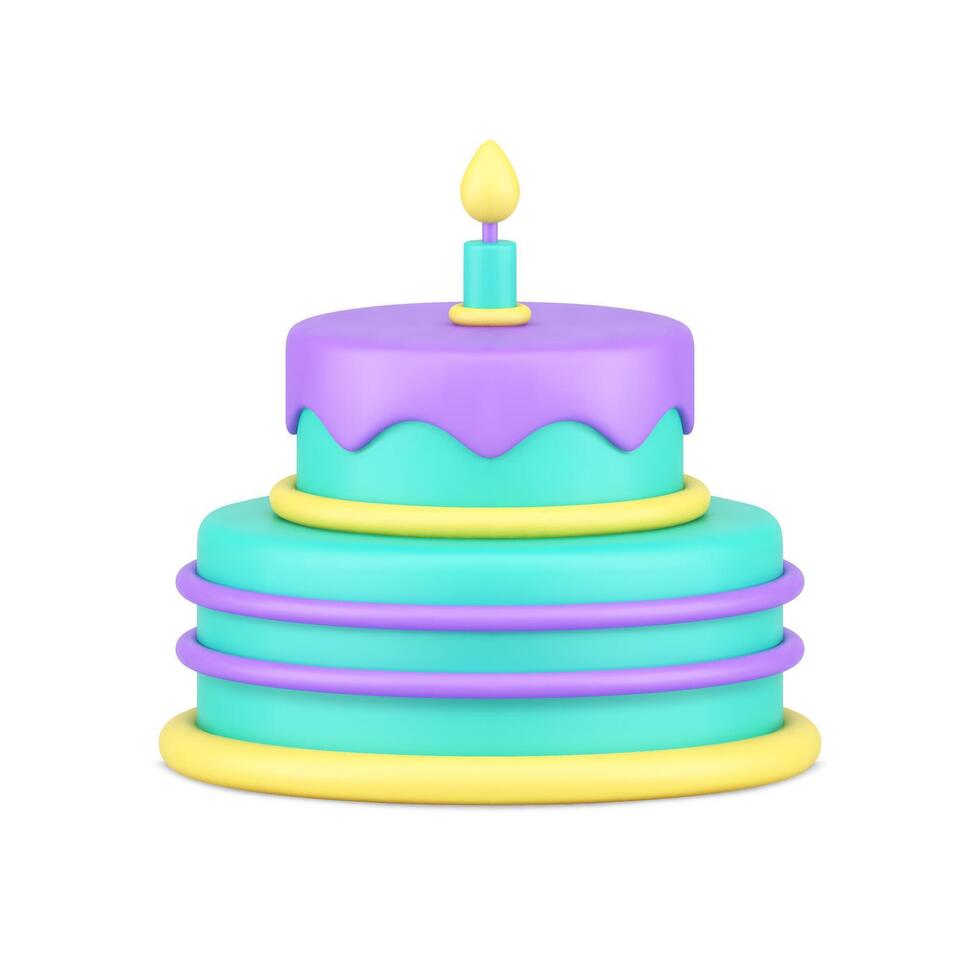 Sweet festive cake anniversary celebration delicious one burning candle realistic 3d icon vector