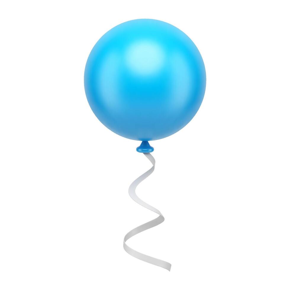 Blue circle flying balloon with curved white ribbon holiday decor realistic 3d icon vector