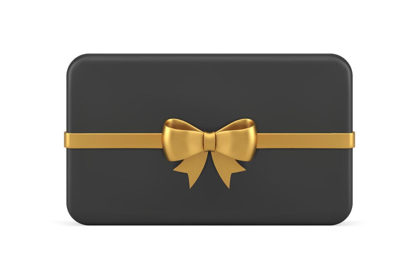 Brutal black gift card horizontal slim container golden ribbon bow realistic template 3d icon vector