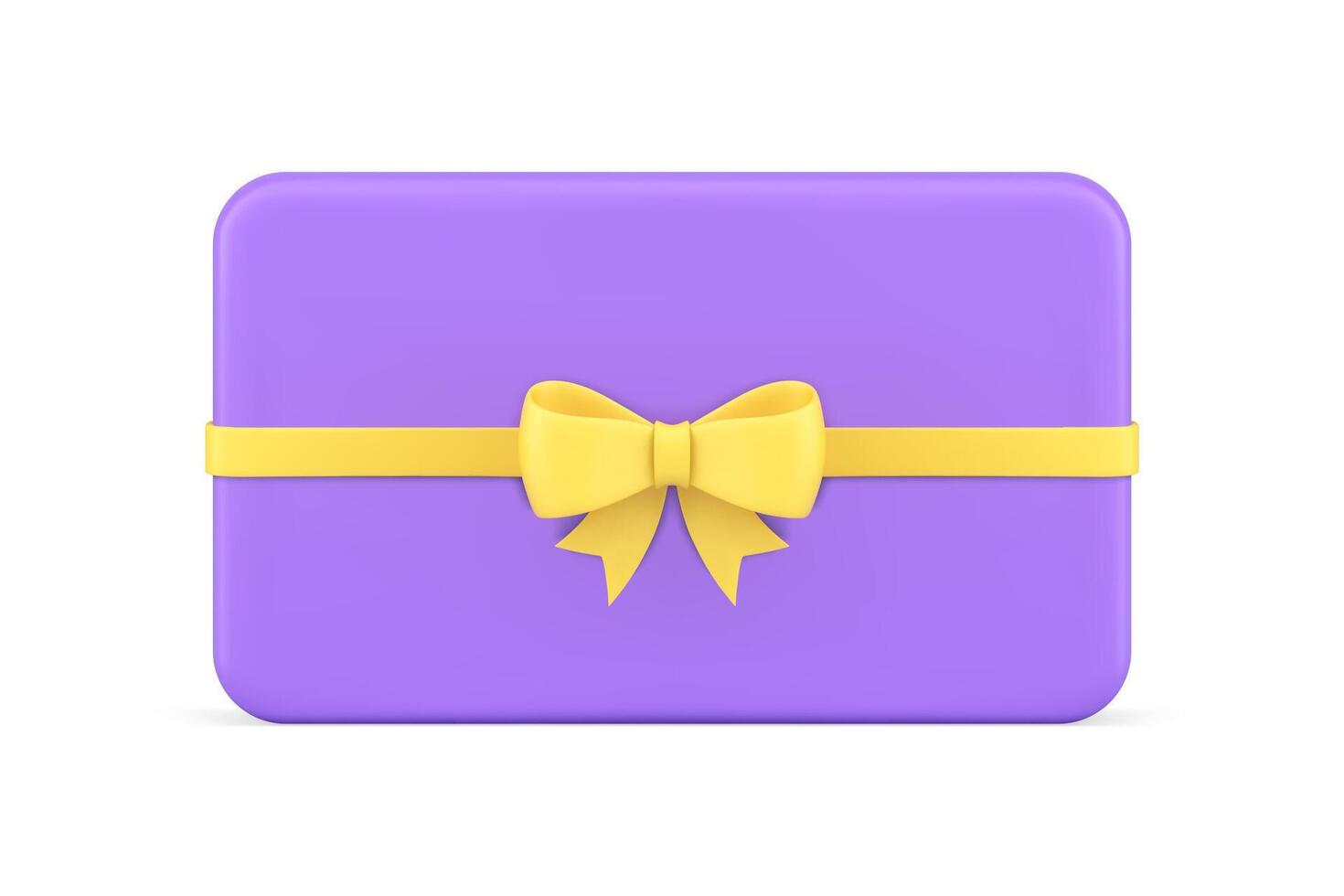 Purple glossy rectangle gift card with yellow bow ribbon realistic 3d icon illustration vector