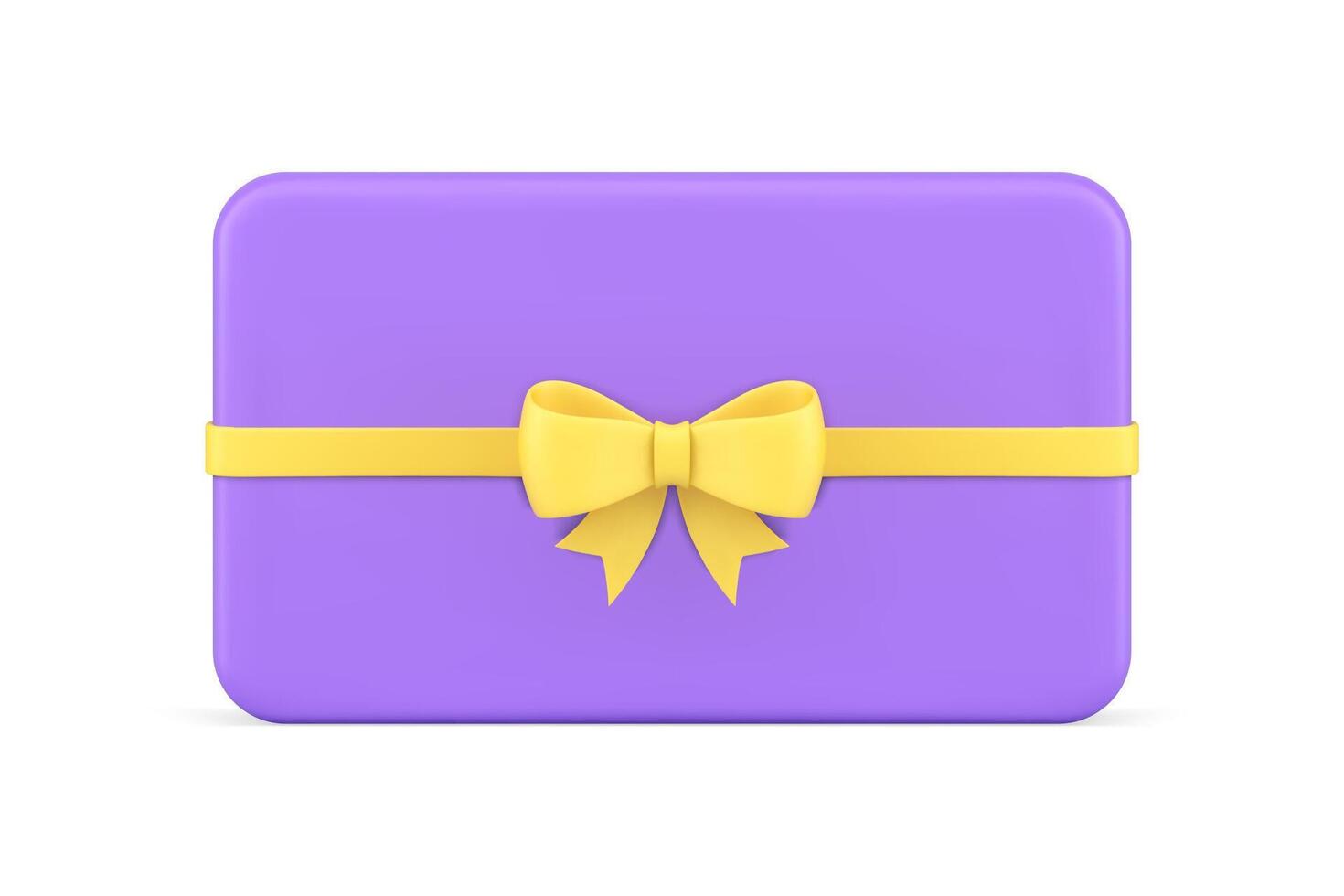 Purple glossy rectangle gift card with yellow bow ribbon realistic 3d icon illustration vector