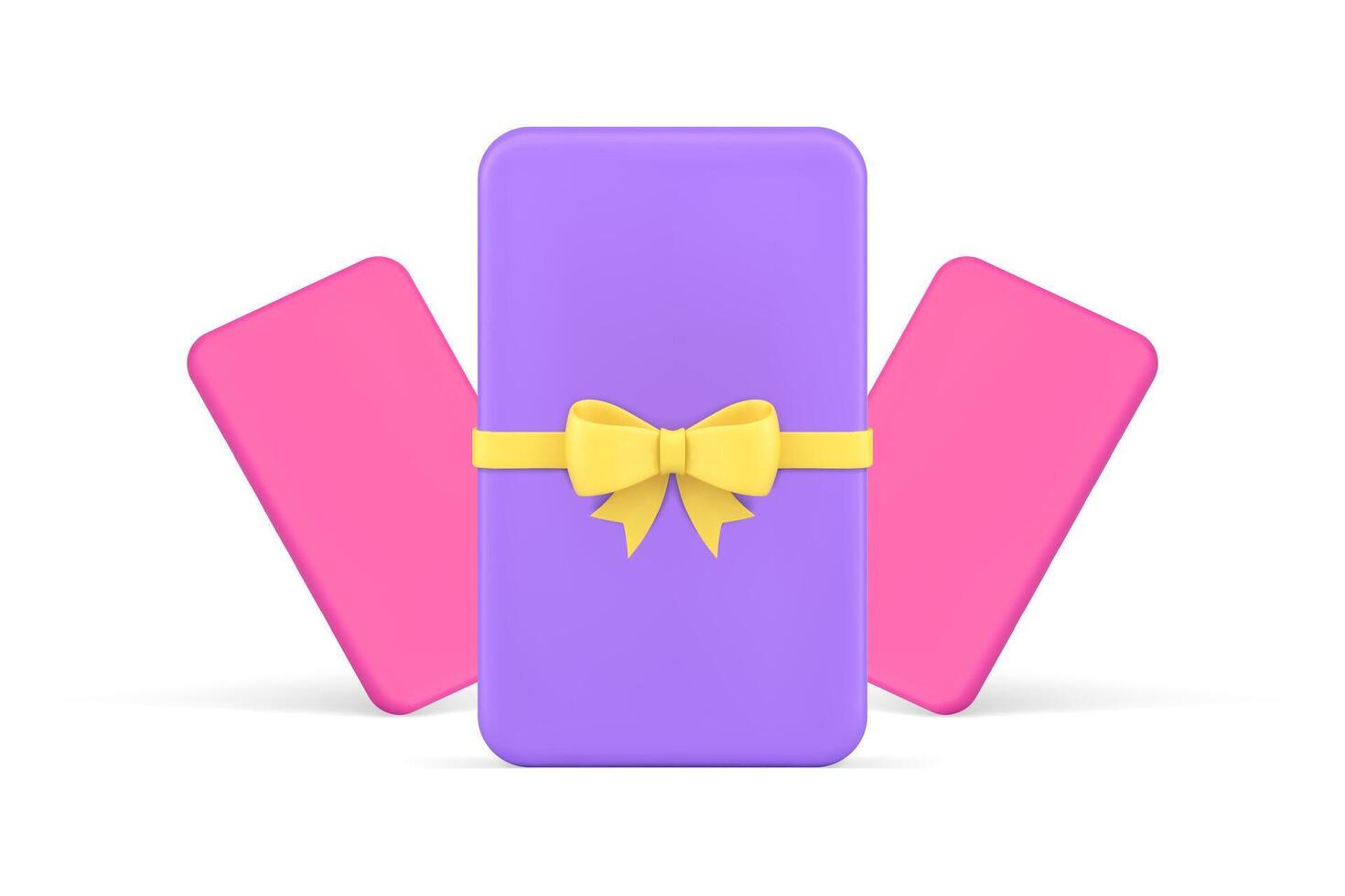 Purple glossy rectangle gift card with yellow bow ribbon realistic 3d icon illustration vector