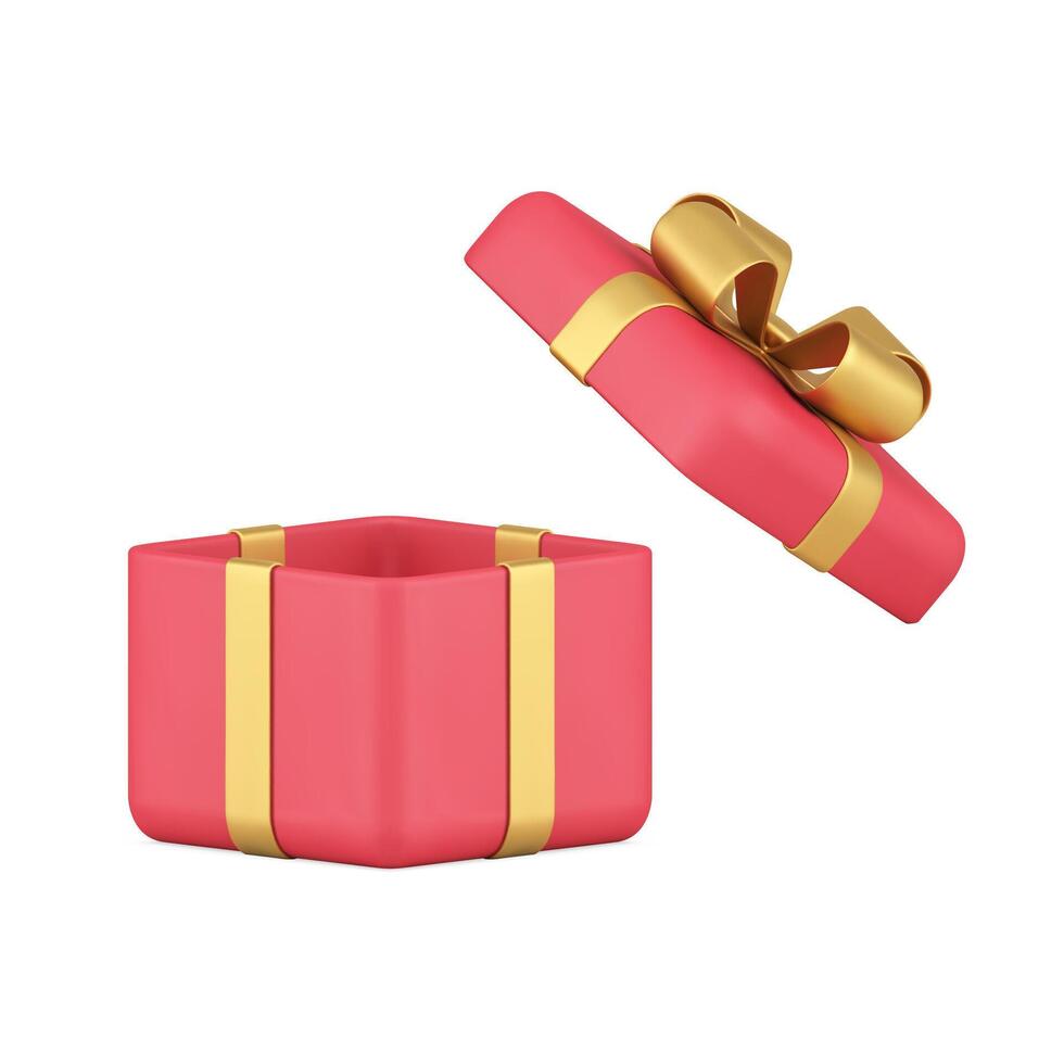 Open red wrapped gift box with flying cap squared festive container design realistic 3d icon vector