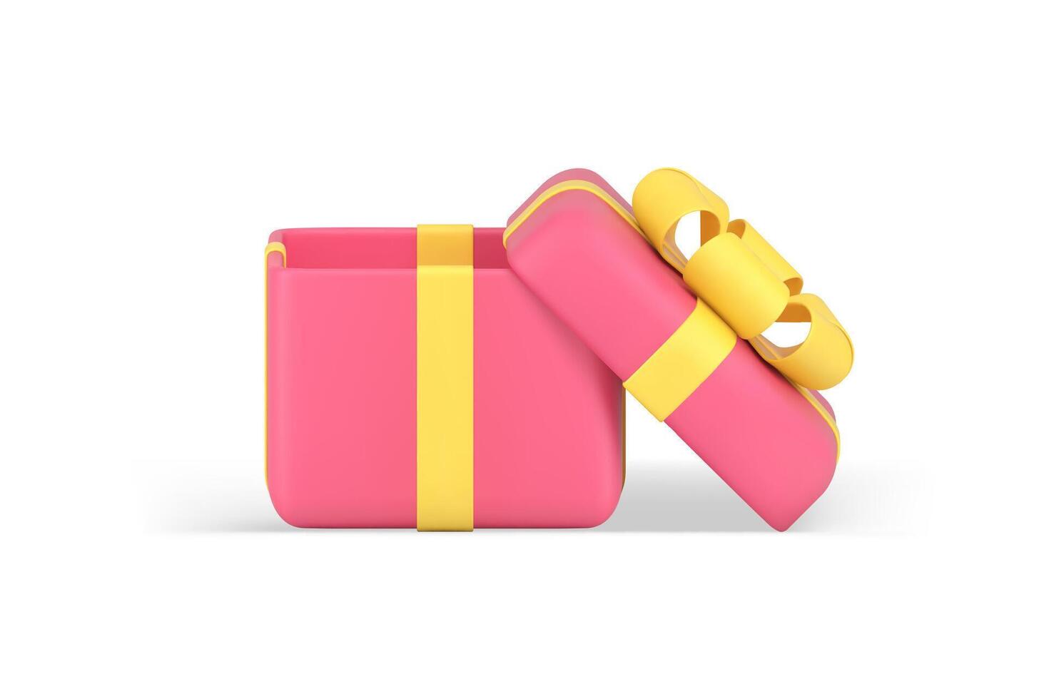 Pink cute wrapped open gift box package decorated yellow glossy bow ribbon realistic 3d icon vector