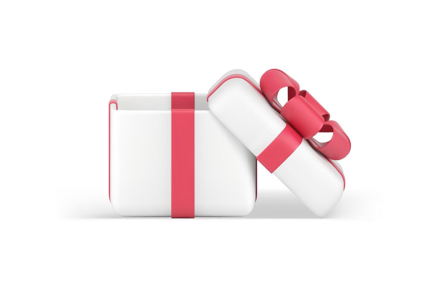 Gift box with open cap cute white squared package with red bow for festive holiday 3d icon vector