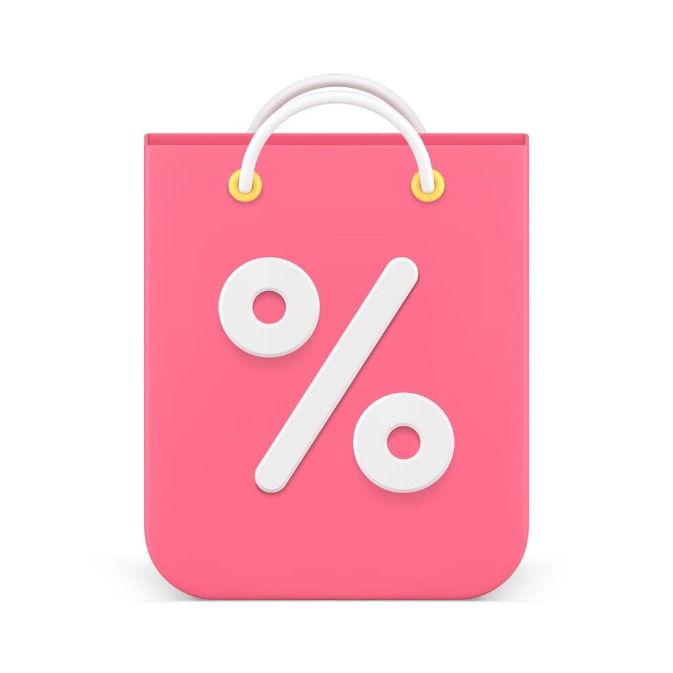 Sale discount percentage price off pink paper shopping bag handles front view 3d icon vector