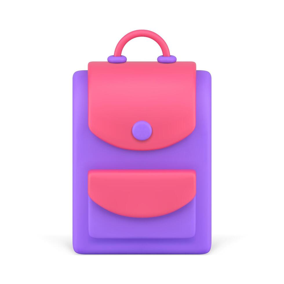 Modern backpack stylish school luggage purple pink design front view realistic 3d icon vector