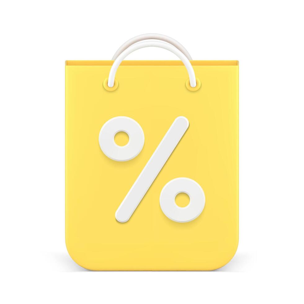 Paper shopping bag yellow marketing retail pack percent sale discount special offer 3d icon vector