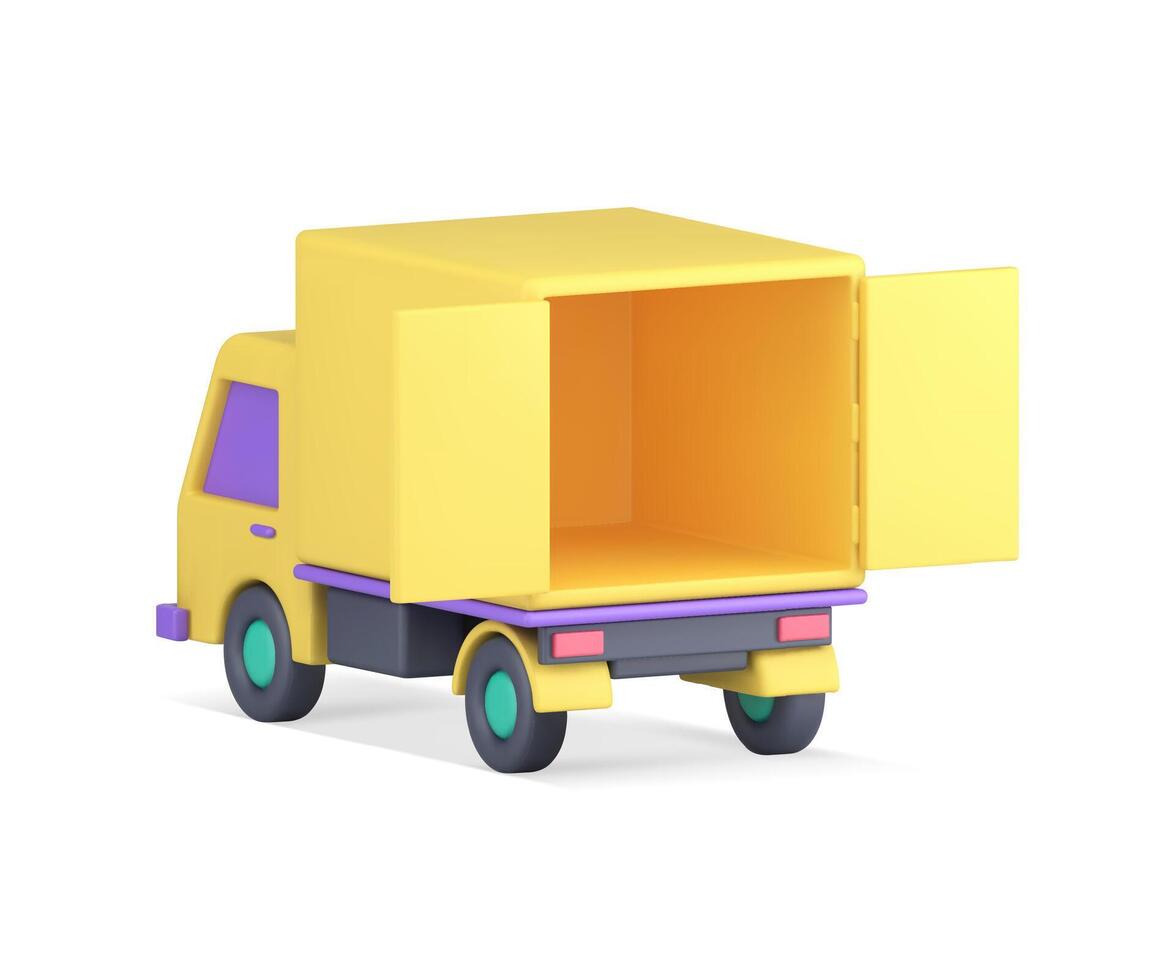 Yellow empty cargo truck with open doors ready loading commercial logistic realistic 3d icon vector
