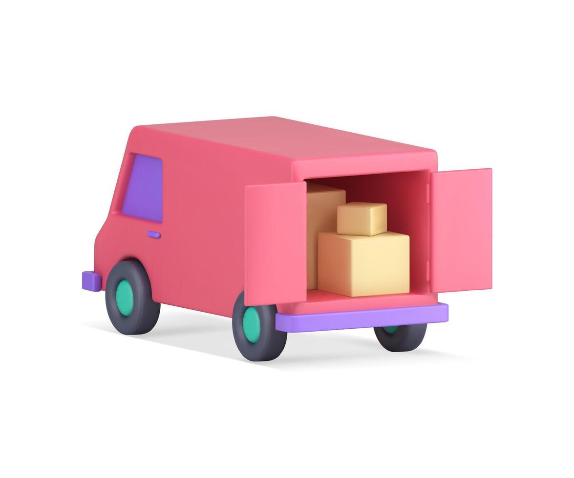 Open pink minivan full cardboard boxes package parcel courier logistic distribution 3d icon vector