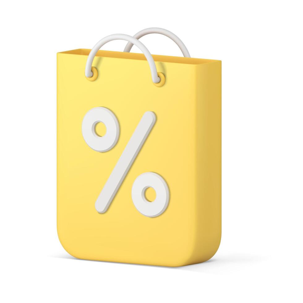 Yellow paper shopping bag with handles commercial percent sale discount special offer 3d icon vector