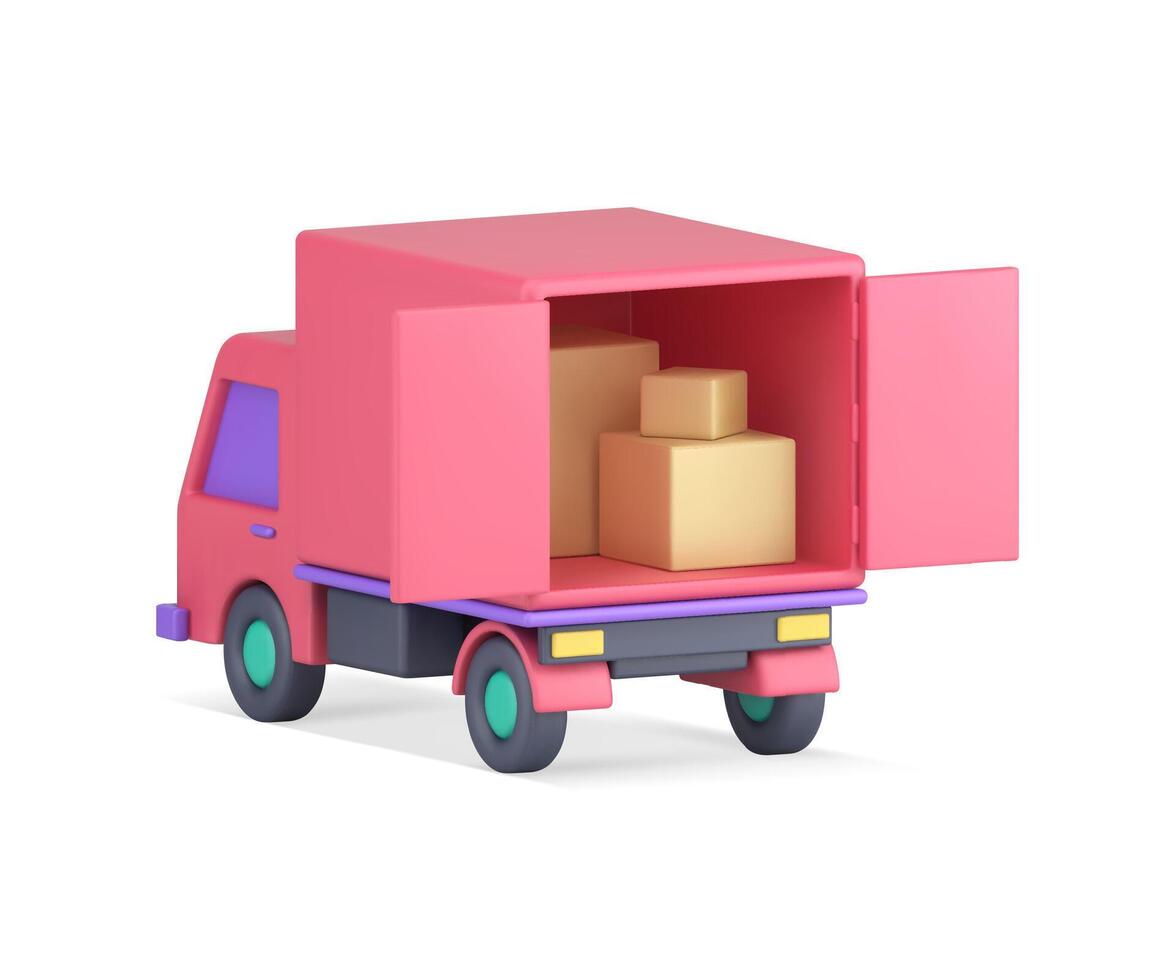 Cargo courier express delivery pink truck open doors full of cardboard boxes parcel 3d icon vector