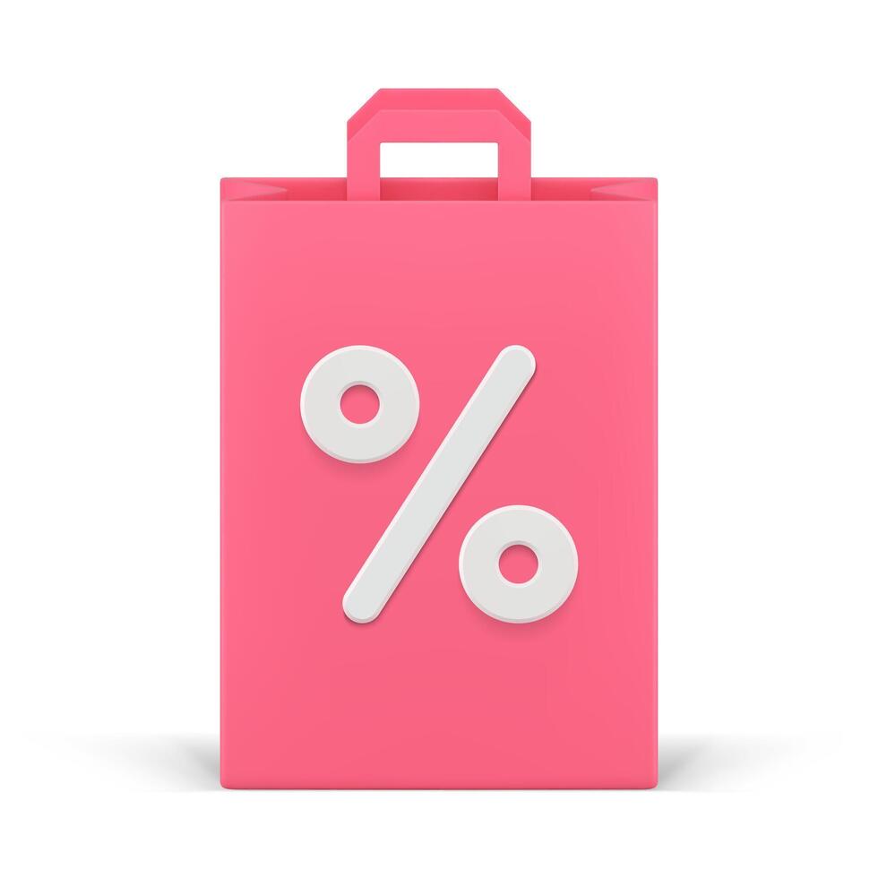 Pink paper shopping bag retail business offer percent sale commercial label realistic 3d icon vector