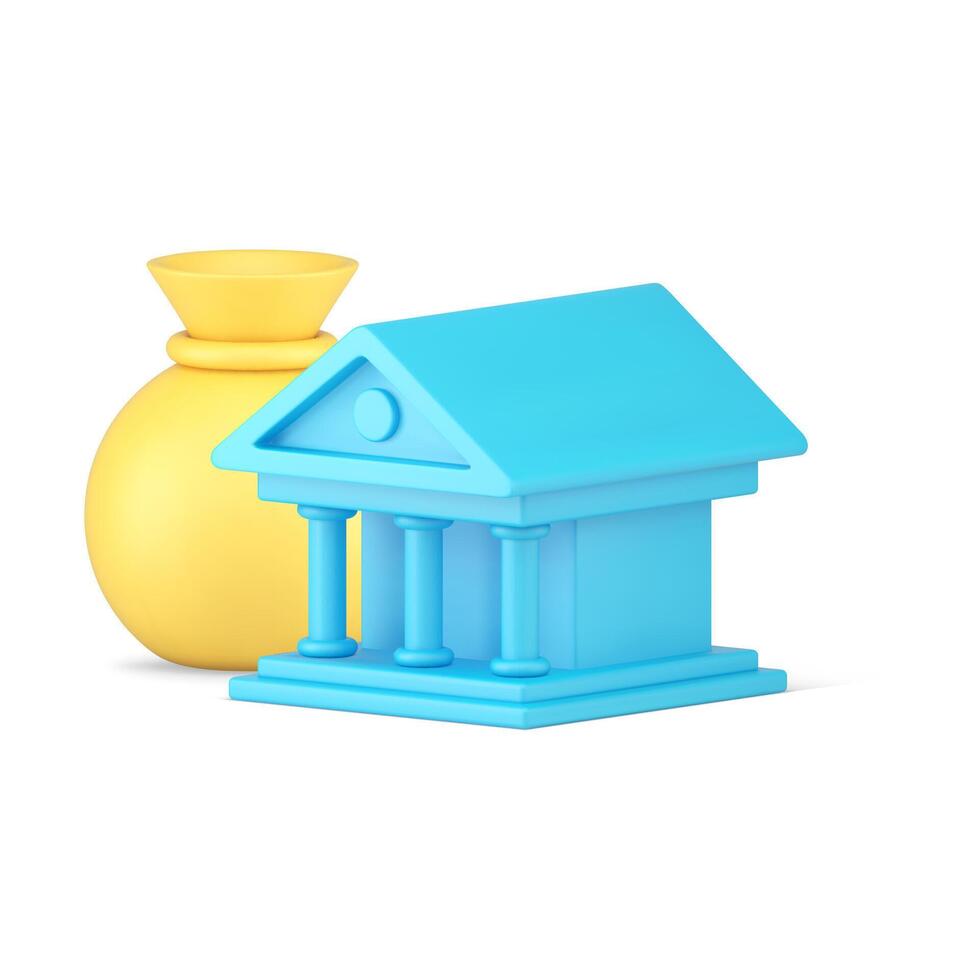 Ancient blue bank real estate exterior Greek columns building with yellow sack money 3d icon vector