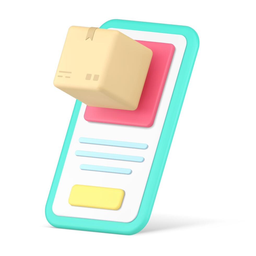 Internet orden paquete o empaquetar entrega postal mensajero solicitud teléfono inteligente cartulina caja 3d icono vector