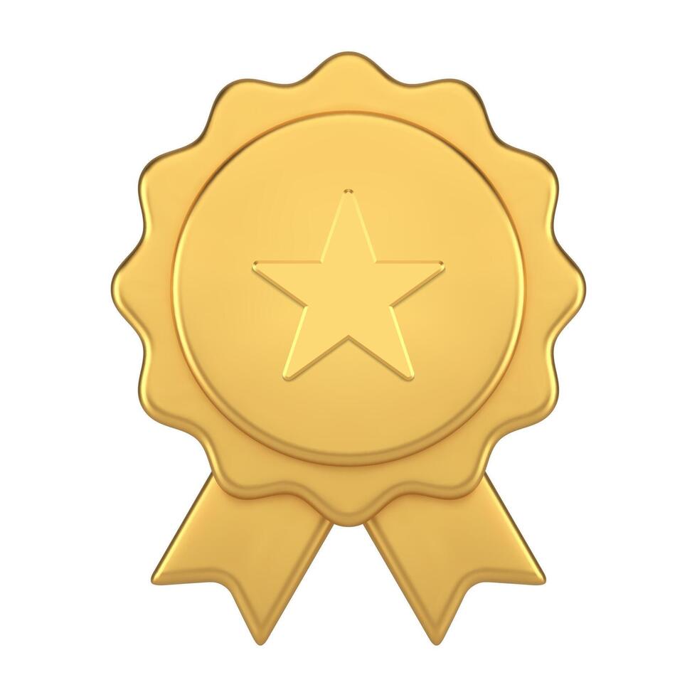 Golden premium medal ribbon curved circle achievement best quality approved badge 3d icon vector