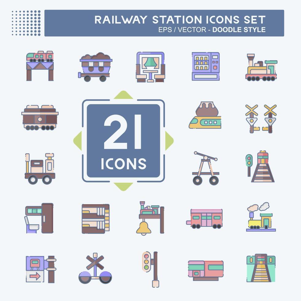icono conjunto ferrocarril estación. relacionado a tren estación símbolo. garabatear estilo. sencillo diseño ilustración vector