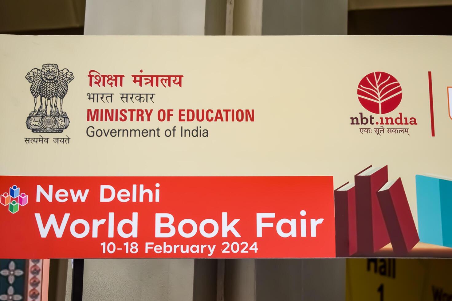 New Delhi, India, February 17 2024 - Variety of Books on shelf inside a book-stall at Delhi International Book Fair, Selection of books on display in Annual Book Fair at Bharat Mandapam complex photo