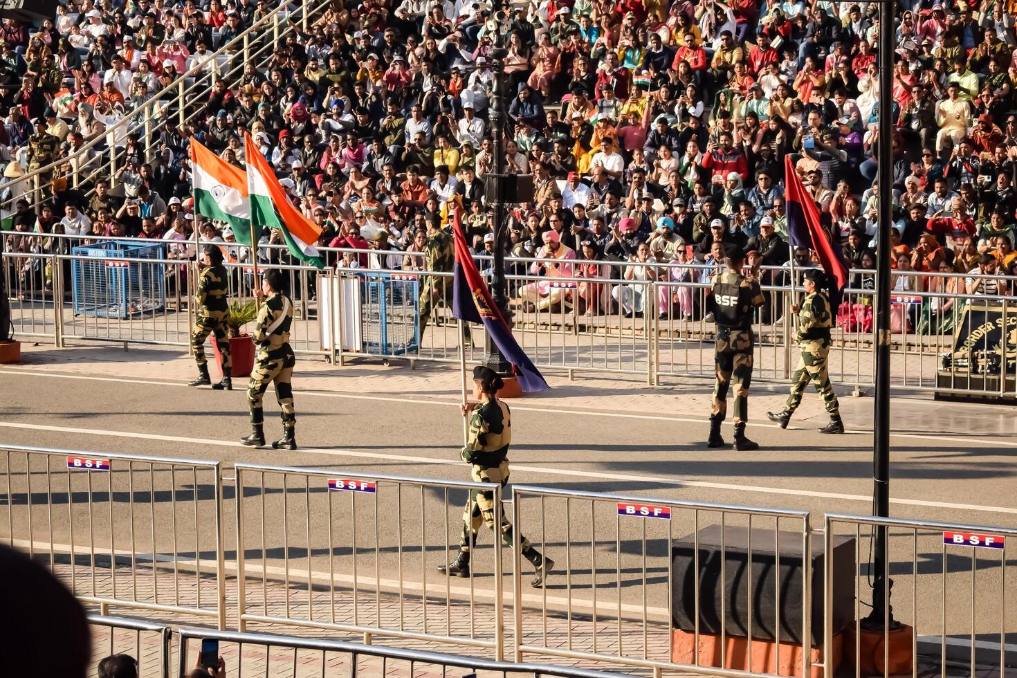 Wagah Border, Amritsar, Punjab, India, 02 February 2024 - Flag ceremony by Border Security Force BSF guards at India-Pakistan border near Attari Amritsar, Punjab, India held every day evening time photo