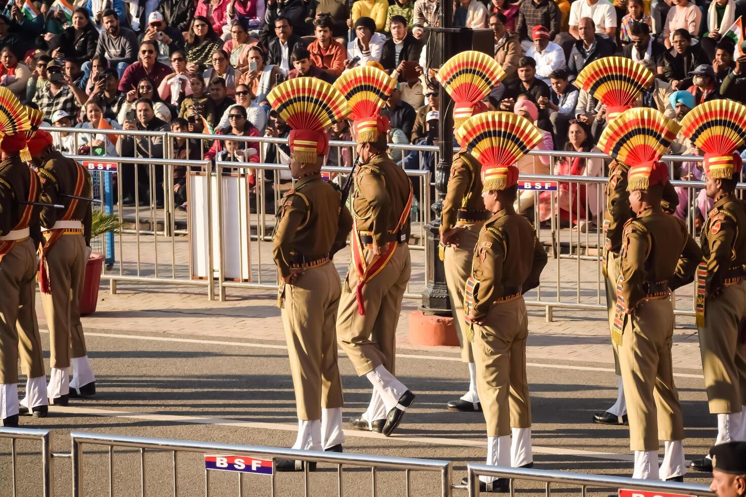 Wagah Border, Amritsar, Punjab, India, 02 February 2024 - Flag ceremony by Border Security Force BSF guards at India-Pakistan border near Attari Amritsar, Punjab, India held every day evening time photo