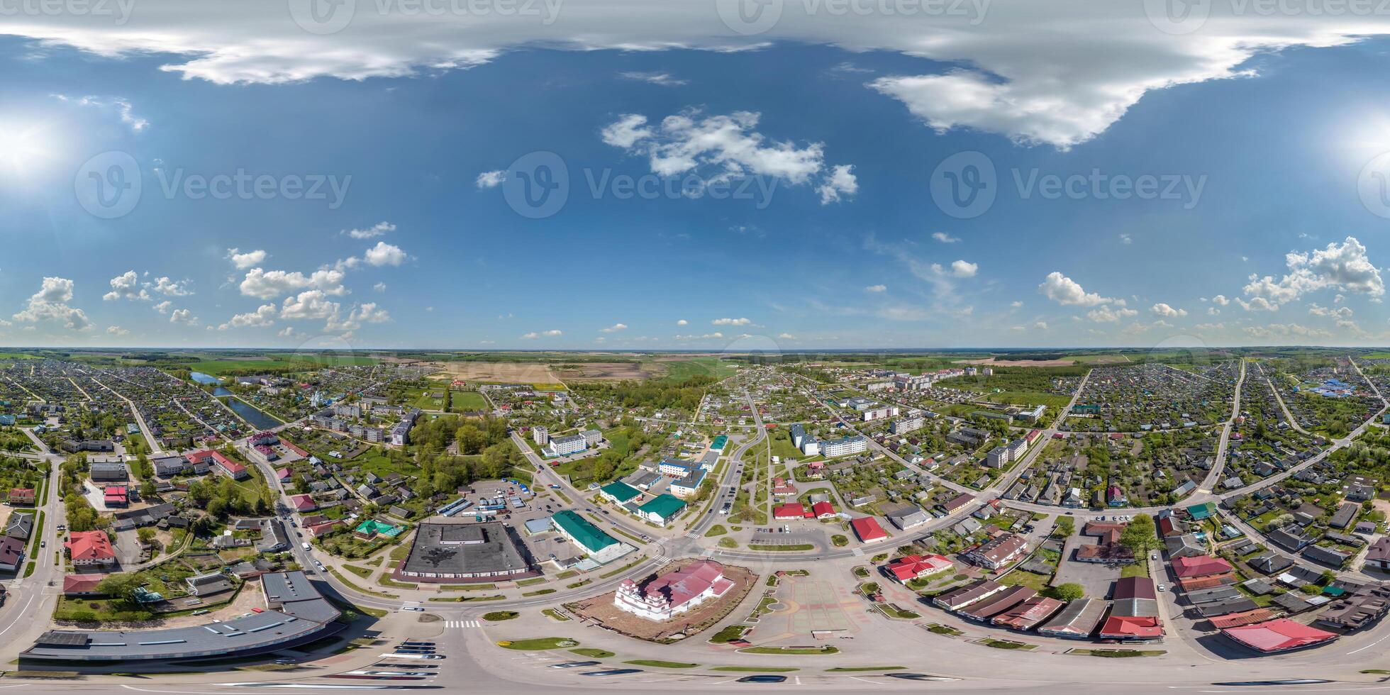 aerial hdri 360 panorama view from great height on buildings, churches and center market square of provincial city in equirectangular seamless spherical projection. use as sky replacement for drone photo