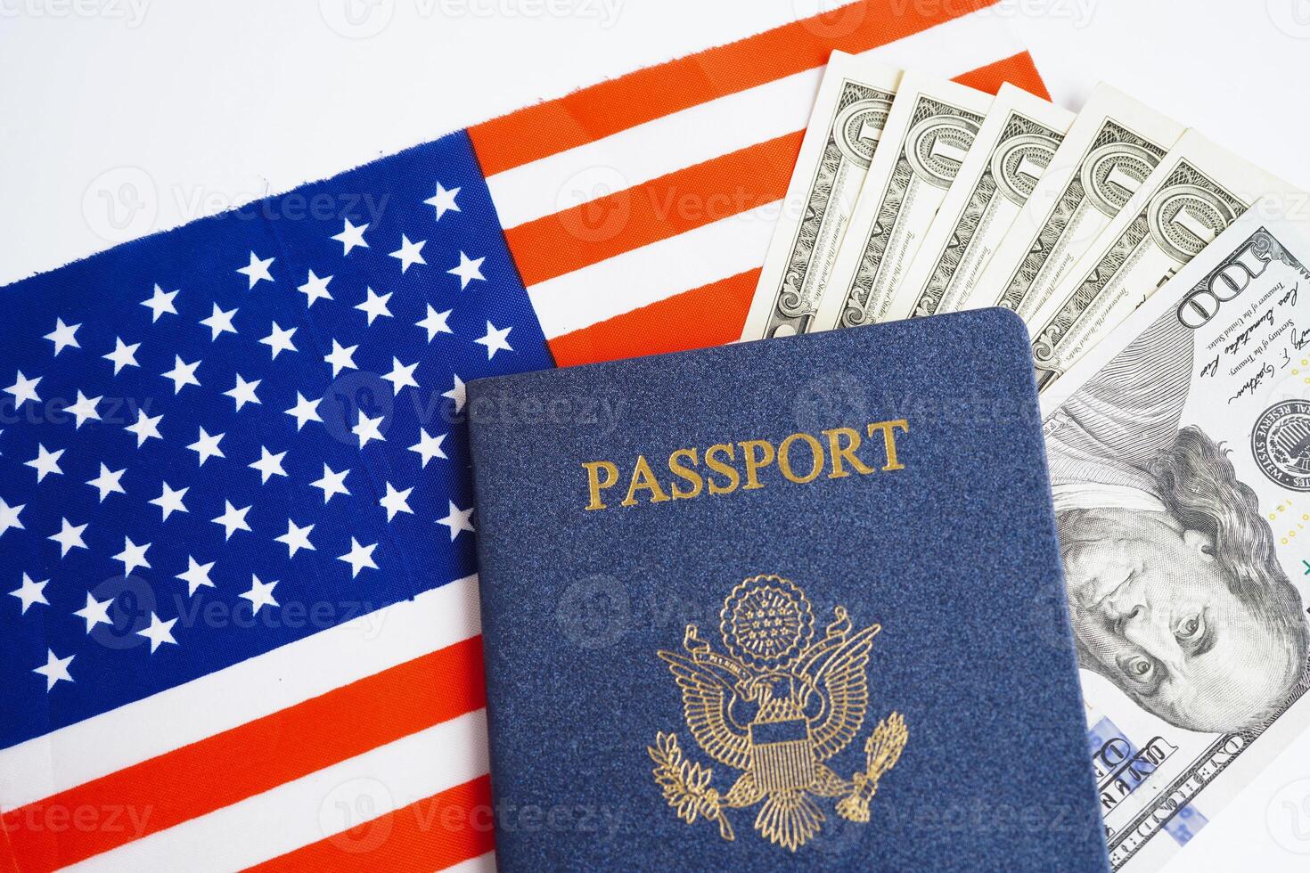 US passport with USA dollar money, American citizen in United States of America. photo