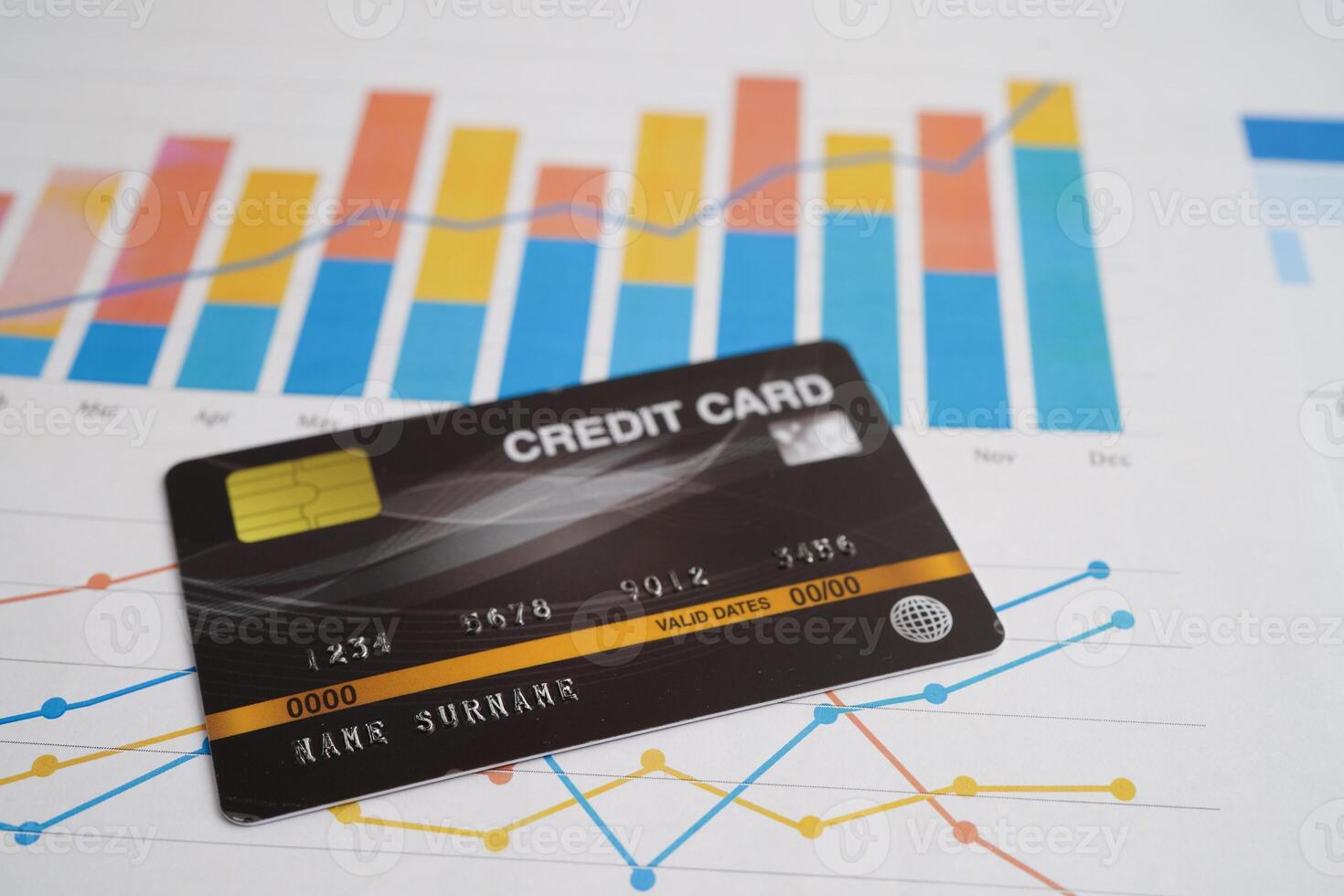 Credit card on graph paper for online shopping, security finance business. photo