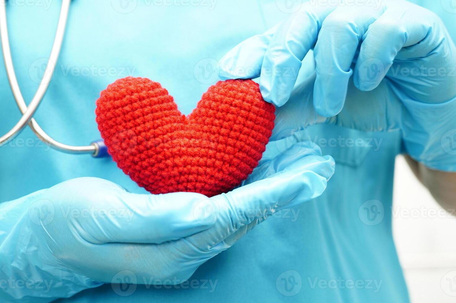 Asian woman doctor holding red heart for health in hospital. photo