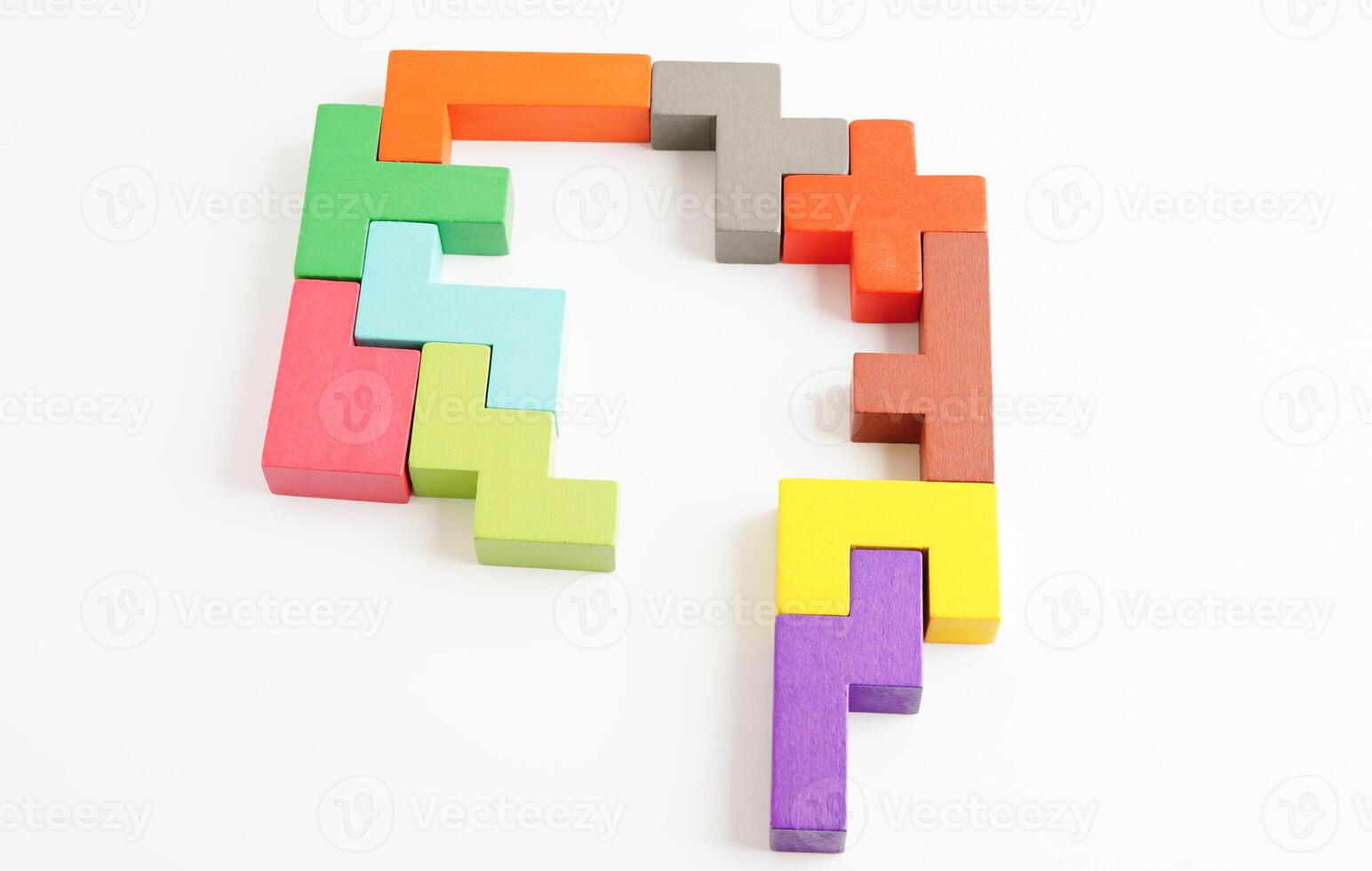 Logical thinking and problem solving problem solution creative business concept, wooden puzzle geometric block shape. photo