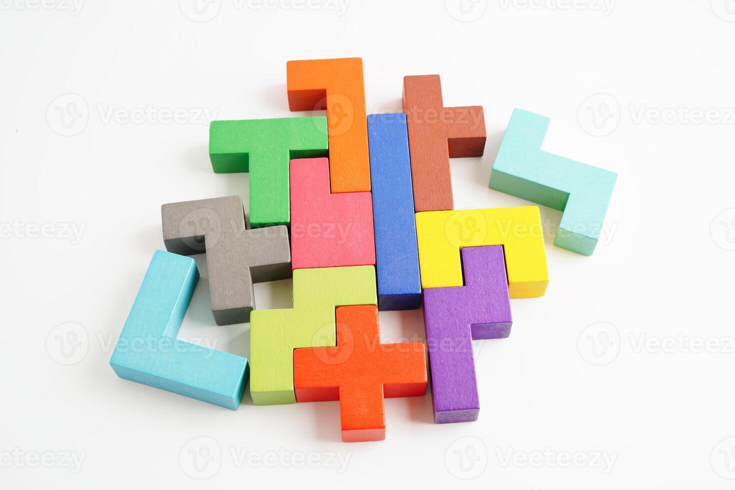 Logical thinking and problem solving problem solution creative business concept, wooden puzzle geometric block shape. photo